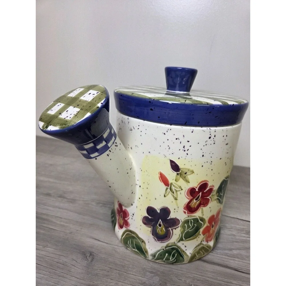 Vintage 1999 Julie Ueland Cookie Jar Watering Can Shape Colorful Pansies Lid